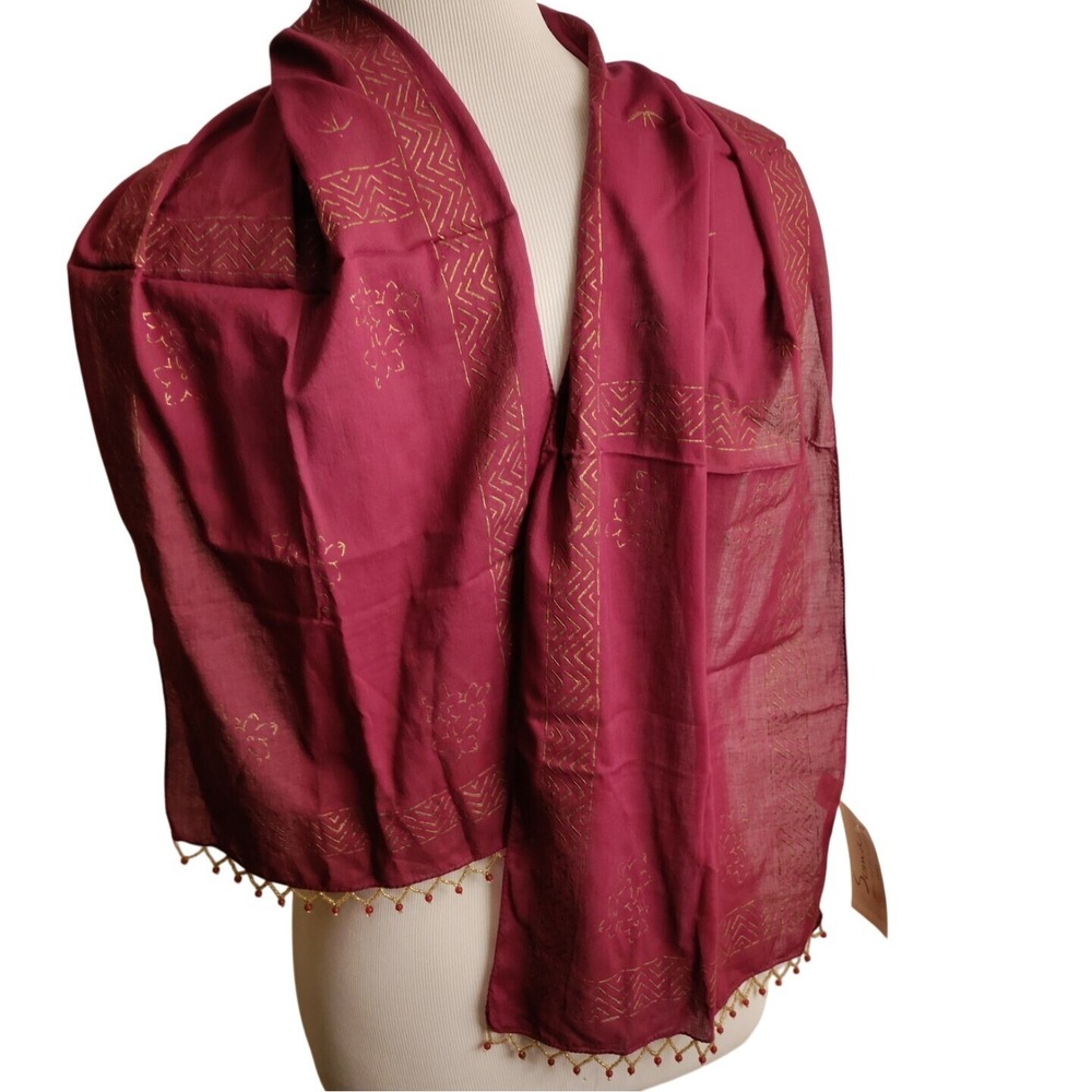 SOMA JAIPUR Made in India Cotton Scarf 13"x58" Maroon Red With Mettalic Pattern